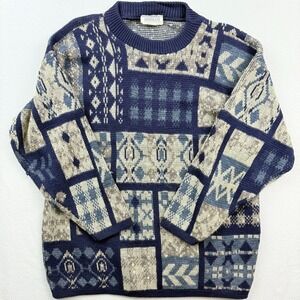 Arielle Sweater Womens Size M Blue Geometric Patchwork Knit Crewneck Vintage USA